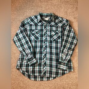 Wrangler Wrancher Men's Pearl Snap Turquoise Button Down Plaid Shirt